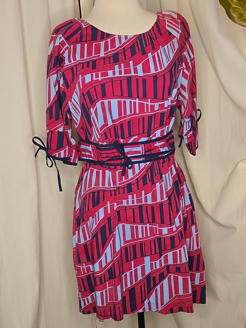 Brooklyn Industries Easy Cotton Red, Navy & Light Blue Geometric Midi Dress